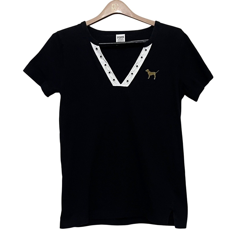 PINK Victoria's Secret Black V-Neck Grommet Graphic Tee Gold Glitter Dog - Picture 2 of 7